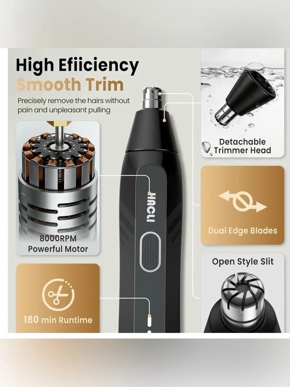 HACLI Rechargeable Nose & Ear Hair Trimmer – USB-C Waterproof – NEW